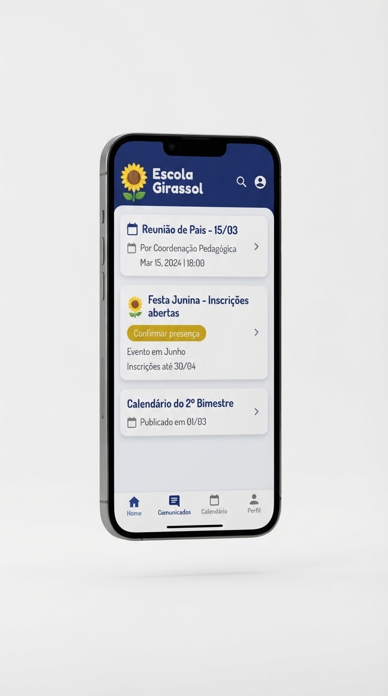 Mockup do app escolar com comunicados da Escola Girassol